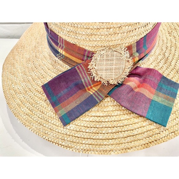 Wheat Natural Panama hat wide brim Straw large summer sun Rainbow Ribbon Accent - Picture 5 of 7